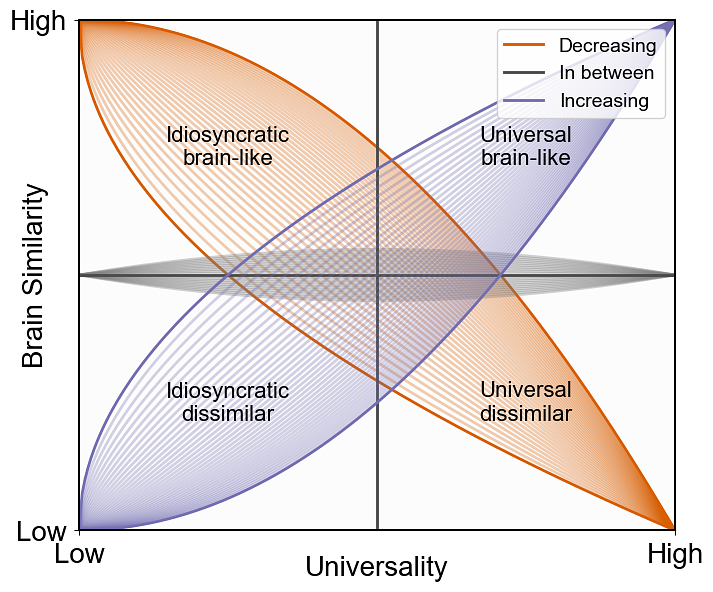Relationship patterns between universality and brain similarity